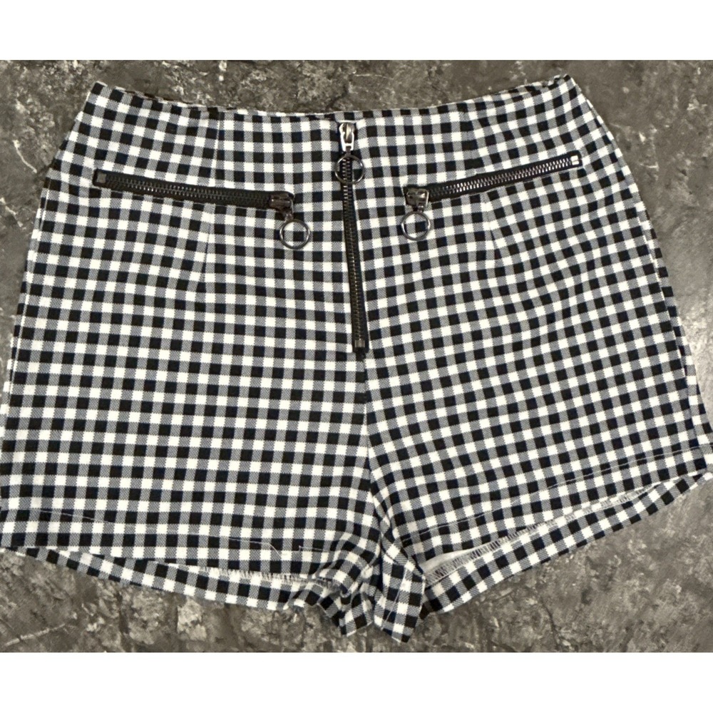 Princess Polly Womens Zipper Front Gingham Micro Shorts Black White Sz 4